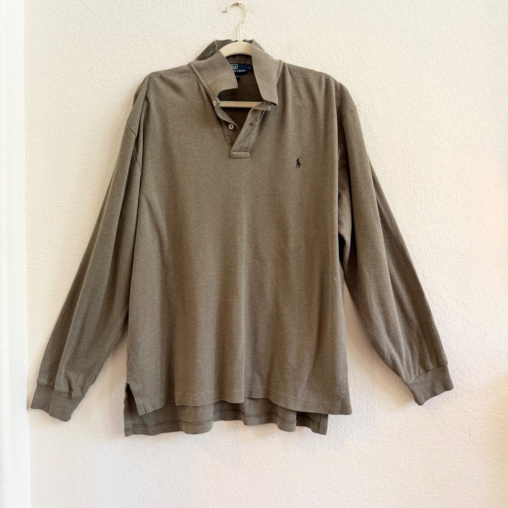 Polo Ralph‎ Lauren Mens Long Sleeve Polo Shirt Olive Green Cotton Size Large L